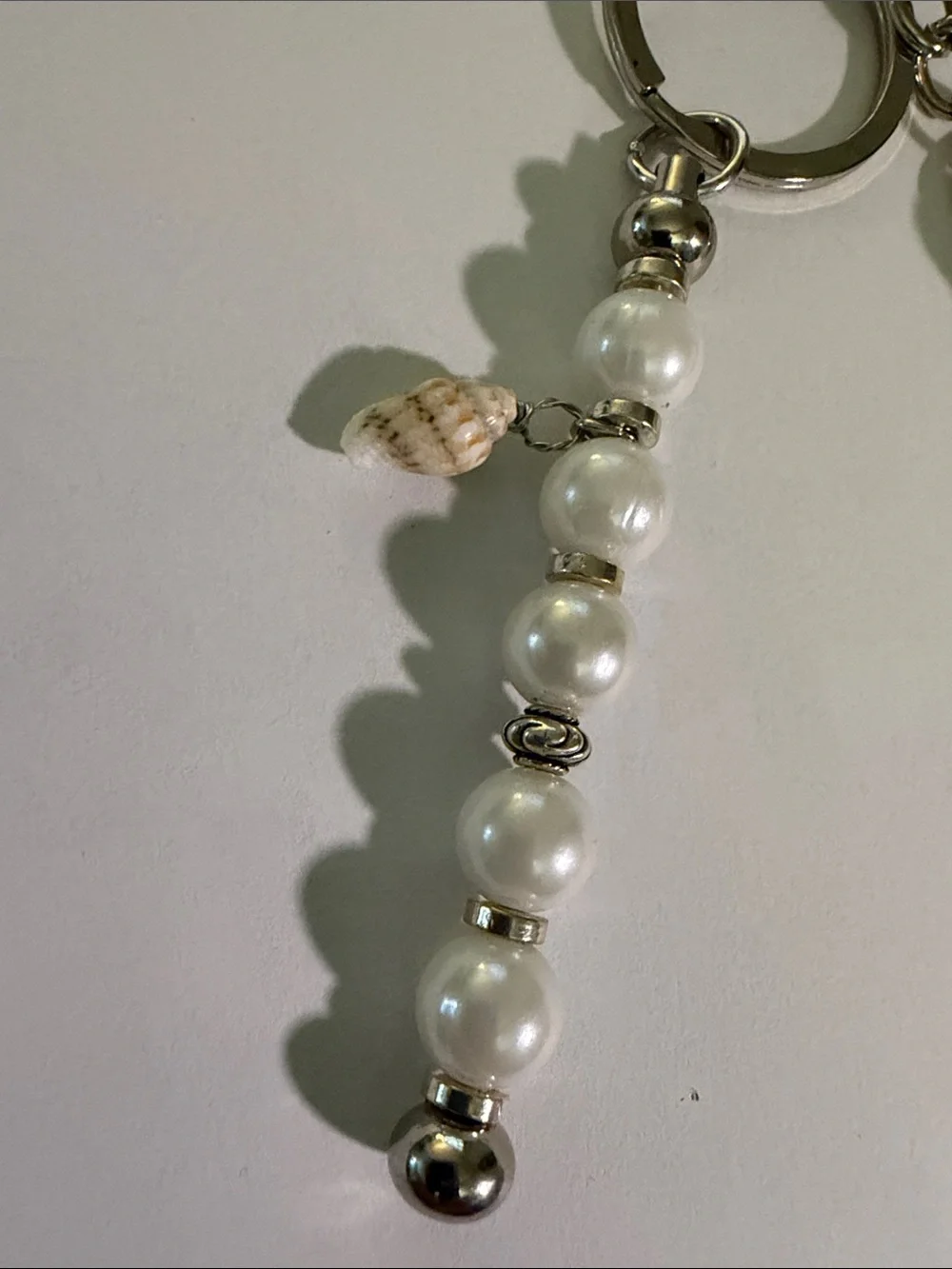 White Pearl Bead Tassel Keychain with Shell Accent